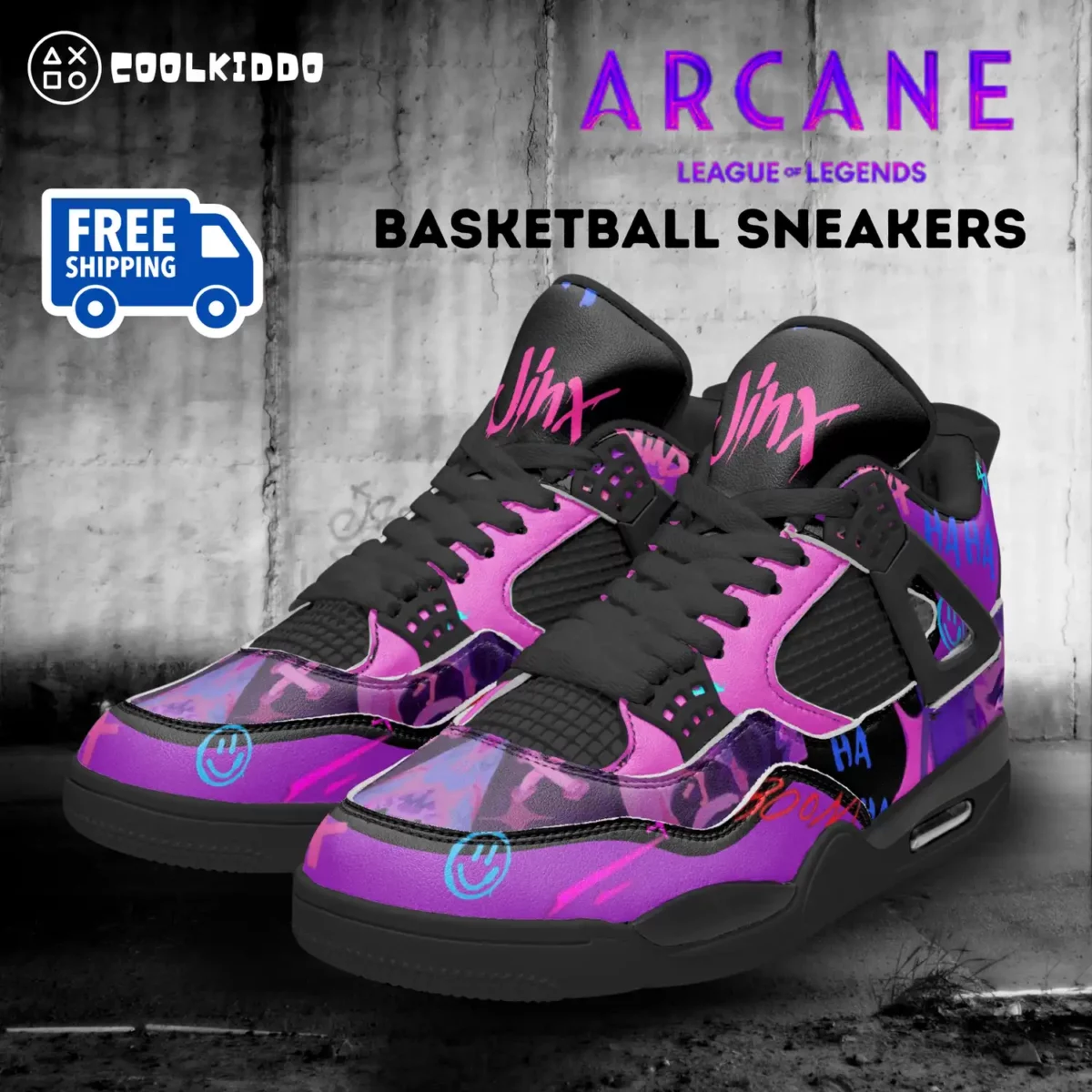 Jinx Arcane AJ4 Basketball Sneakers – League Of Leaguends Black Sole Shoes Cool Kiddo 10