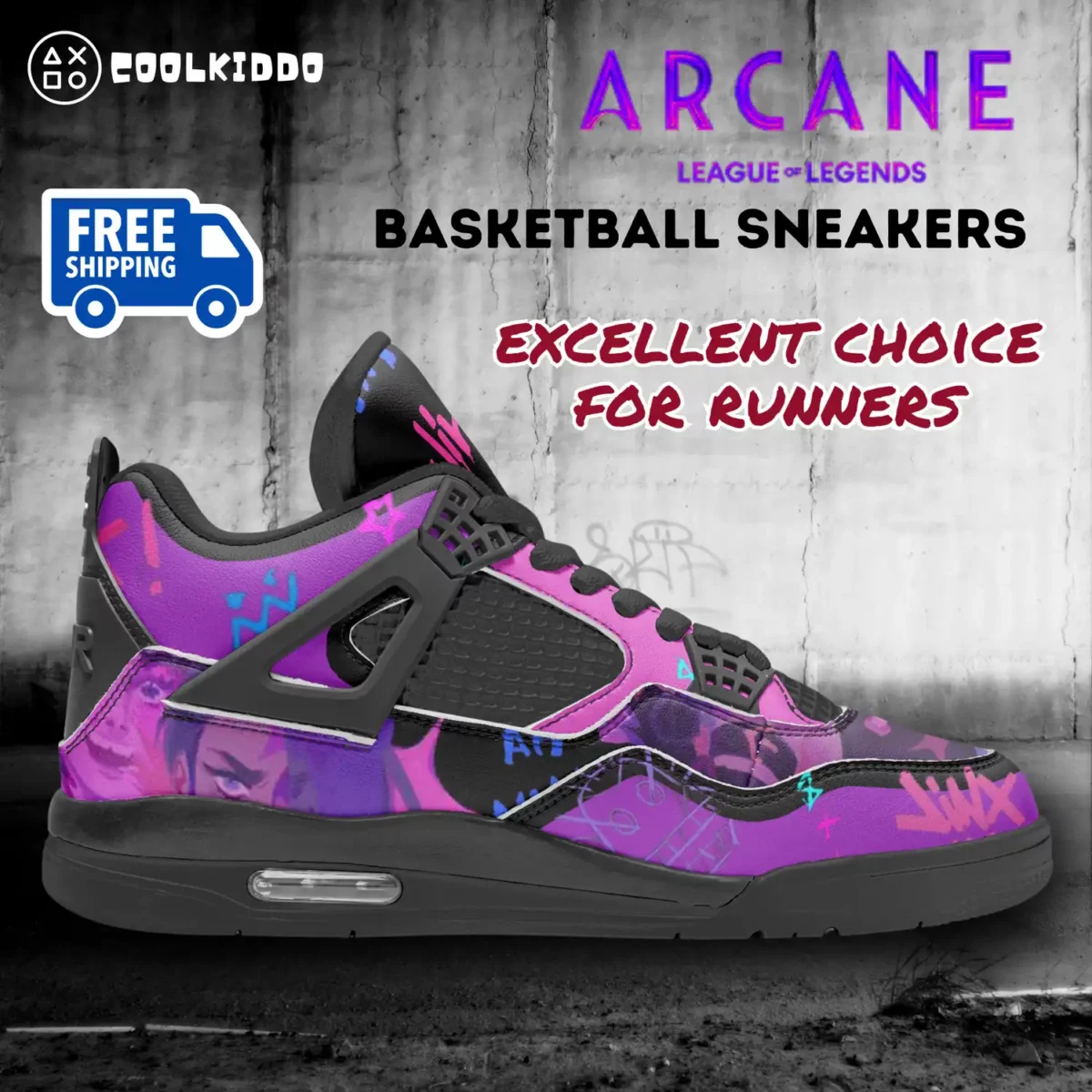 Jinx Arcane AJ4 Basketball Sneakers – League Of Leaguends Black Sole Shoes Cool Kiddo 16