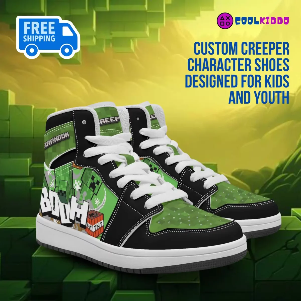 Personalized Minecraft Creeper Character High-Top Leather Children/Youth Shoes Cool Kiddo 10