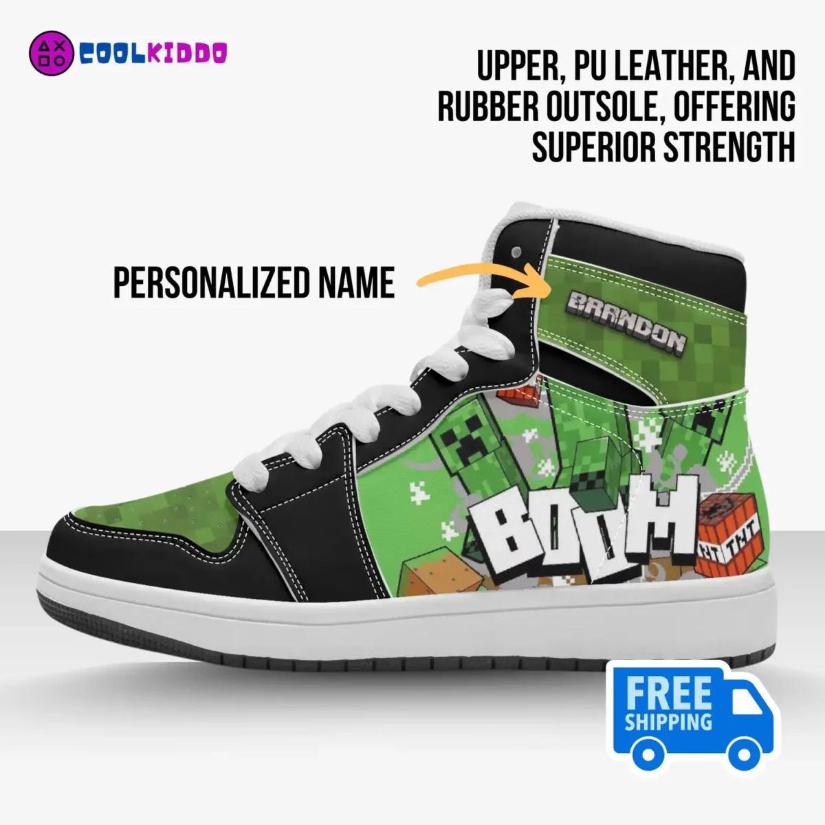 Personalized Minecraft Creeper Character High-Top Leather Children/Youth Shoes Cool Kiddo 12