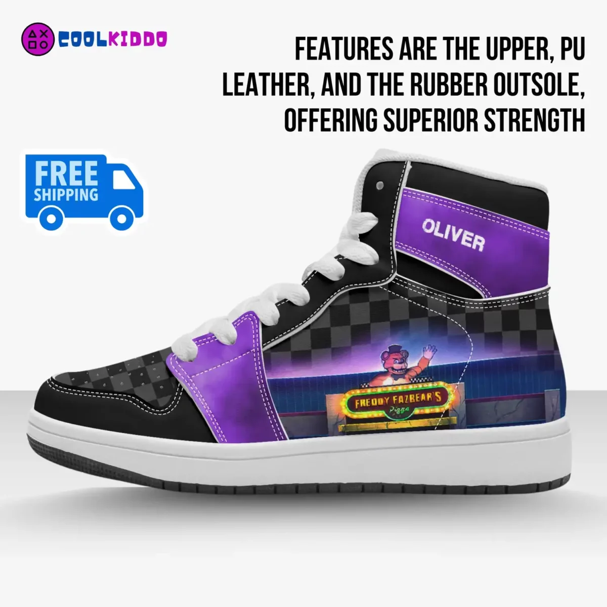 Personalized Five Nights at Freddy’s | Fazbear’s Character | FNAF High-Top Leather Black and Purple Shoes Cool Kiddo 24