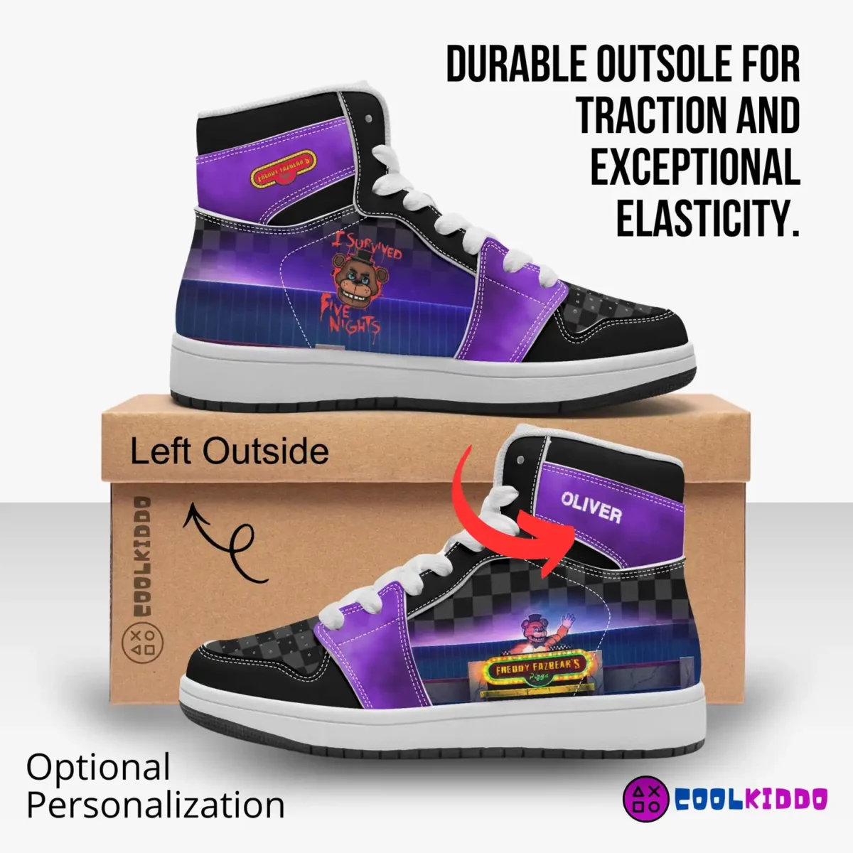 Personalized Five Nights at Freddy's | Fazbear's Character | FNAF High-Top Leather Black and Purple Shoes