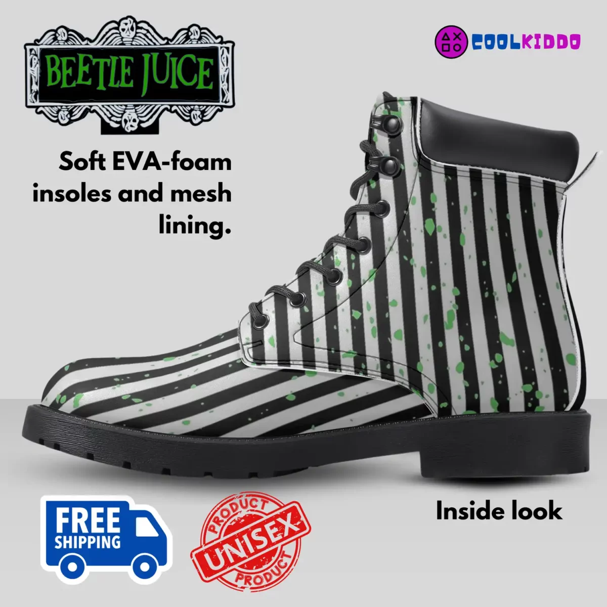 Beetlejuice Movie Inspired Casual Leather Boots Unisex | Cosplay & Halloween Design for Youth/Adults by Cool Kiddo Cool Kiddo 14