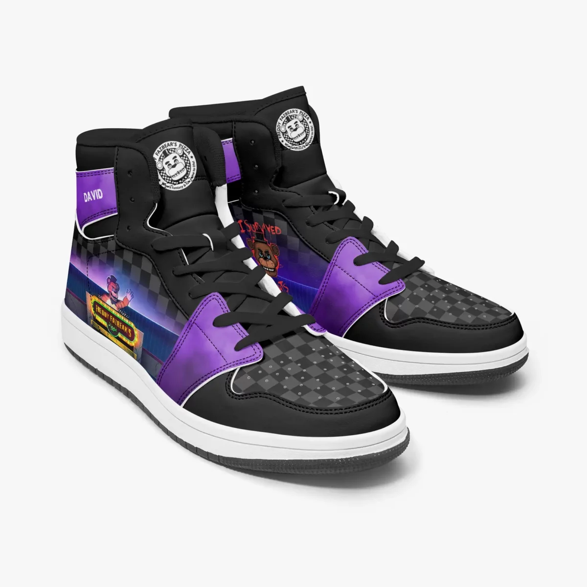 Personalized Five Nights at Freddy’s | Fazbear Character | FNAF High-Top Leather Black and Purple Adult Shoes Cool Kiddo 10