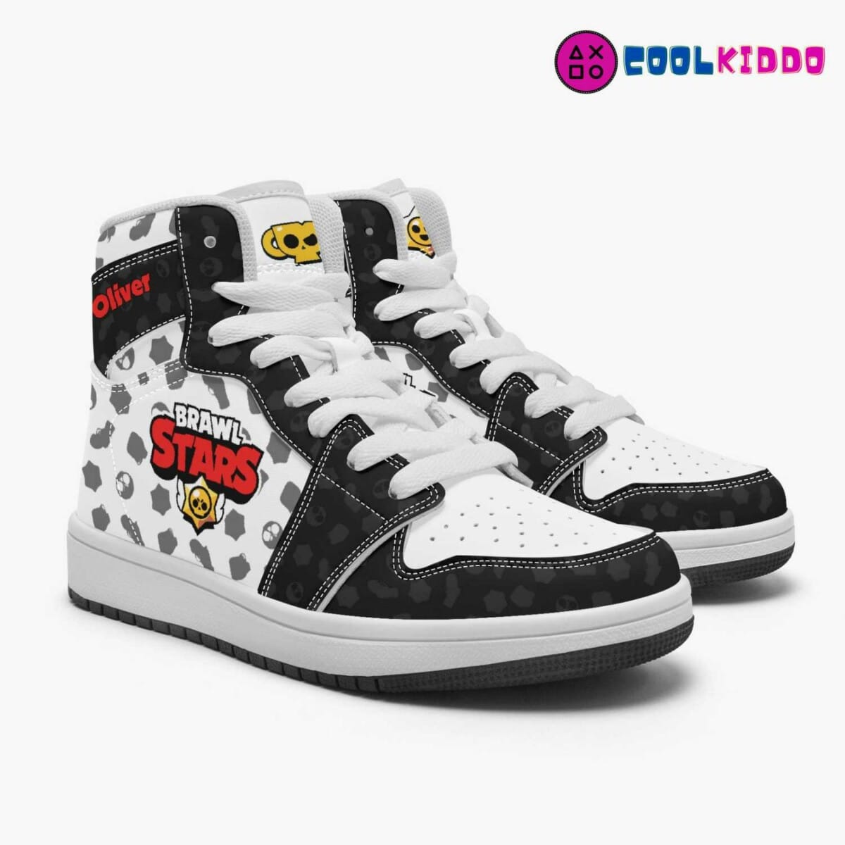 Brawl Stars High-Top Kids/Youth Sneakers | Black and White Leather Print Shoes by Cool Kiddo Cool Kiddo 10