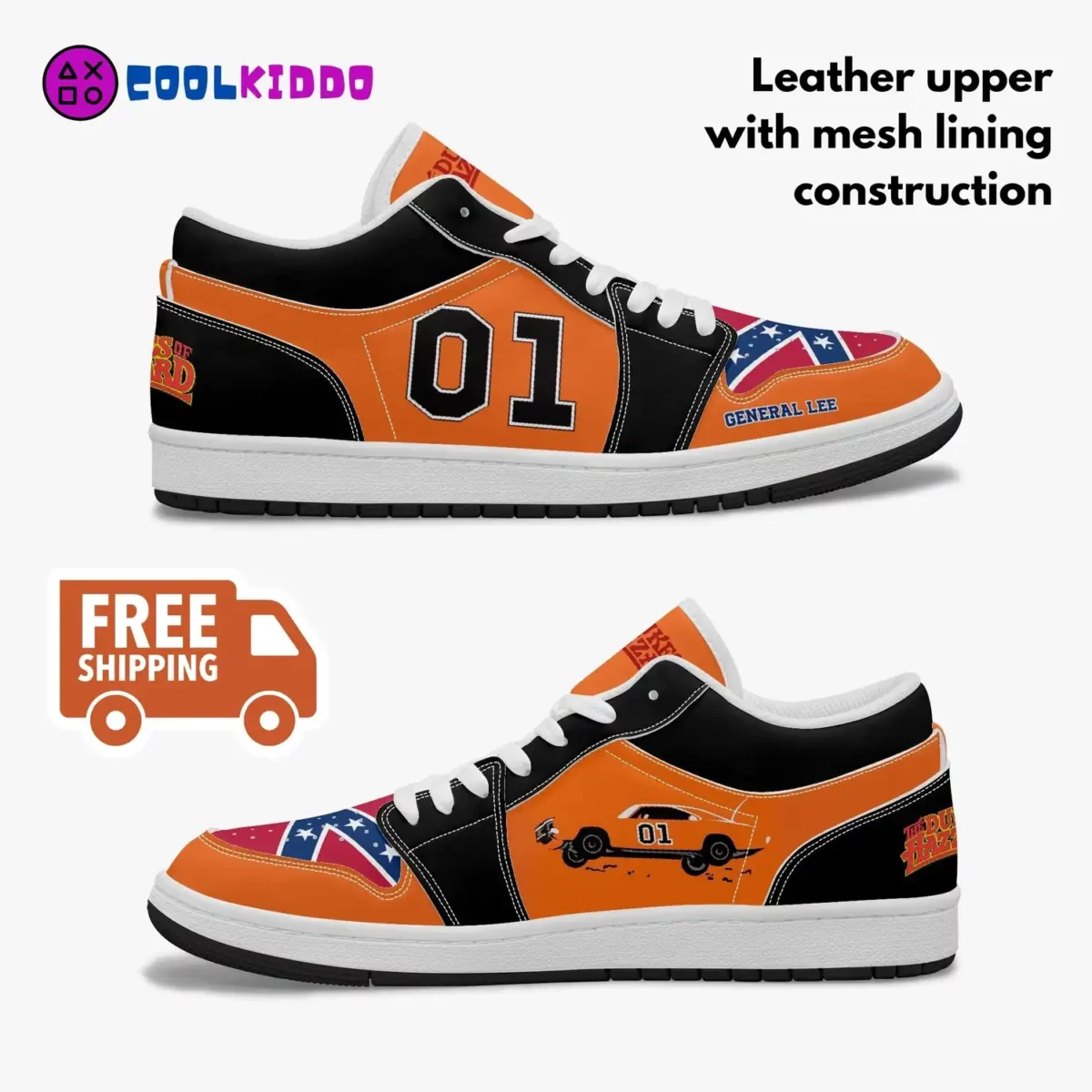 Dukes of Hazzard 80’s TV Series Inspired Shoes. AJ1 Low-Top Leather Sneakers Cool Kiddo 14