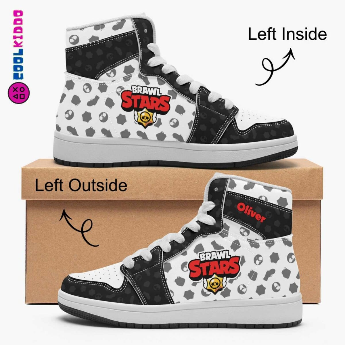 Brawl Stars High-Top Kids/Youth Sneakers | Black and White Leather Print Shoes by Cool Kiddo Cool Kiddo 16