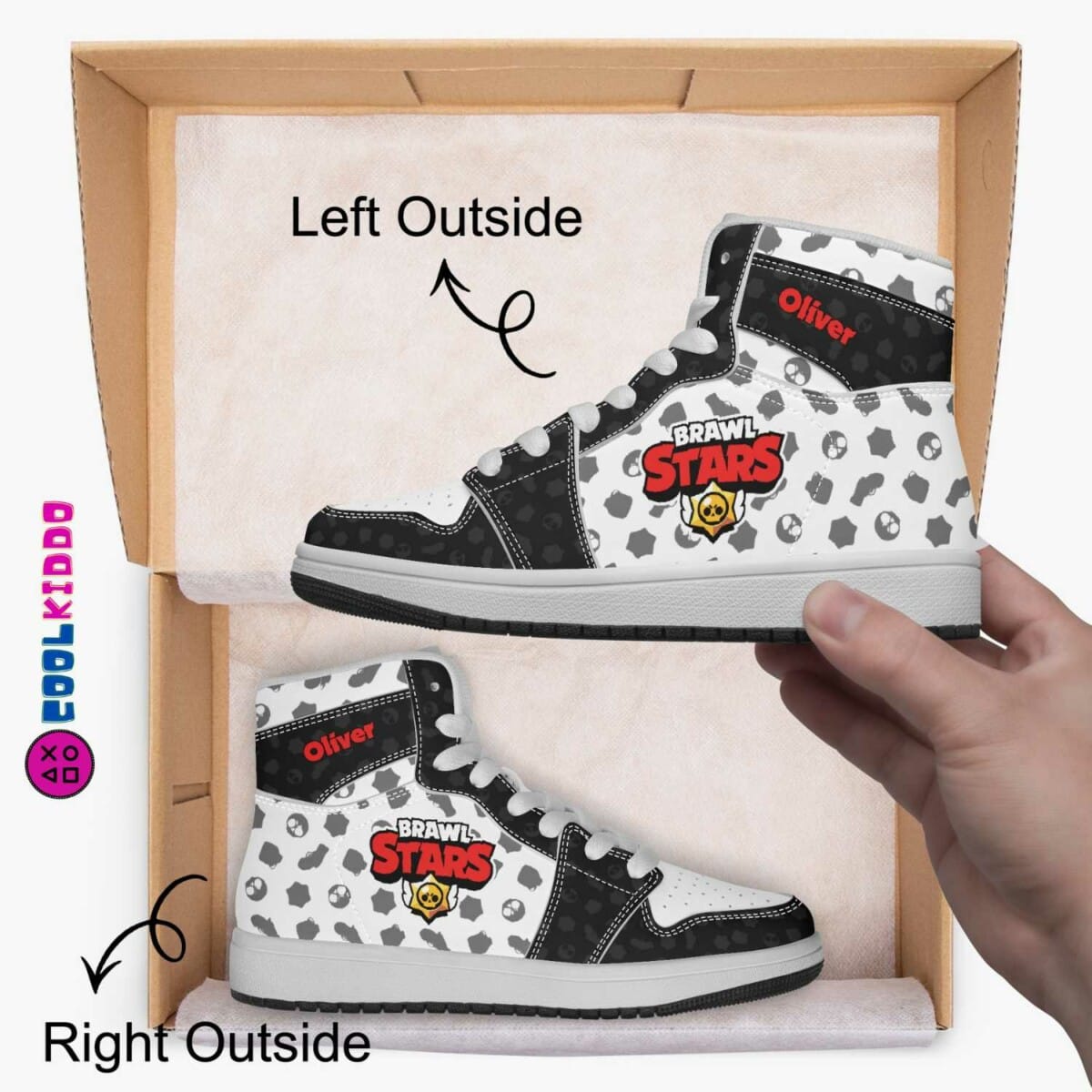 Brawl Stars High-Top Kids/Youth Sneakers | Black and White Leather Print Shoes by Cool Kiddo Cool Kiddo 22