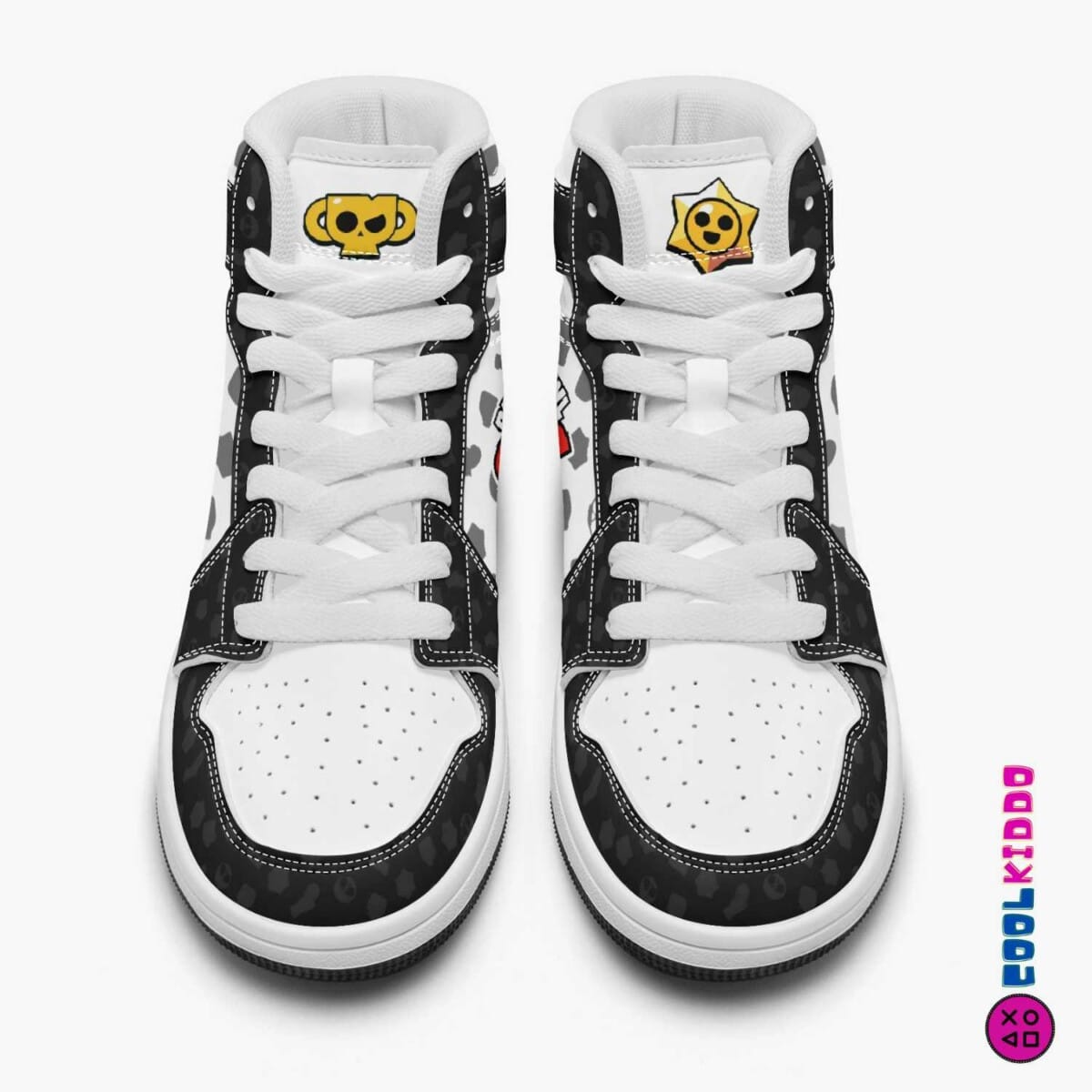 Brawl Stars High-Top Kids/Youth Sneakers | Black and White Leather Print Shoes by Cool Kiddo Cool Kiddo 24