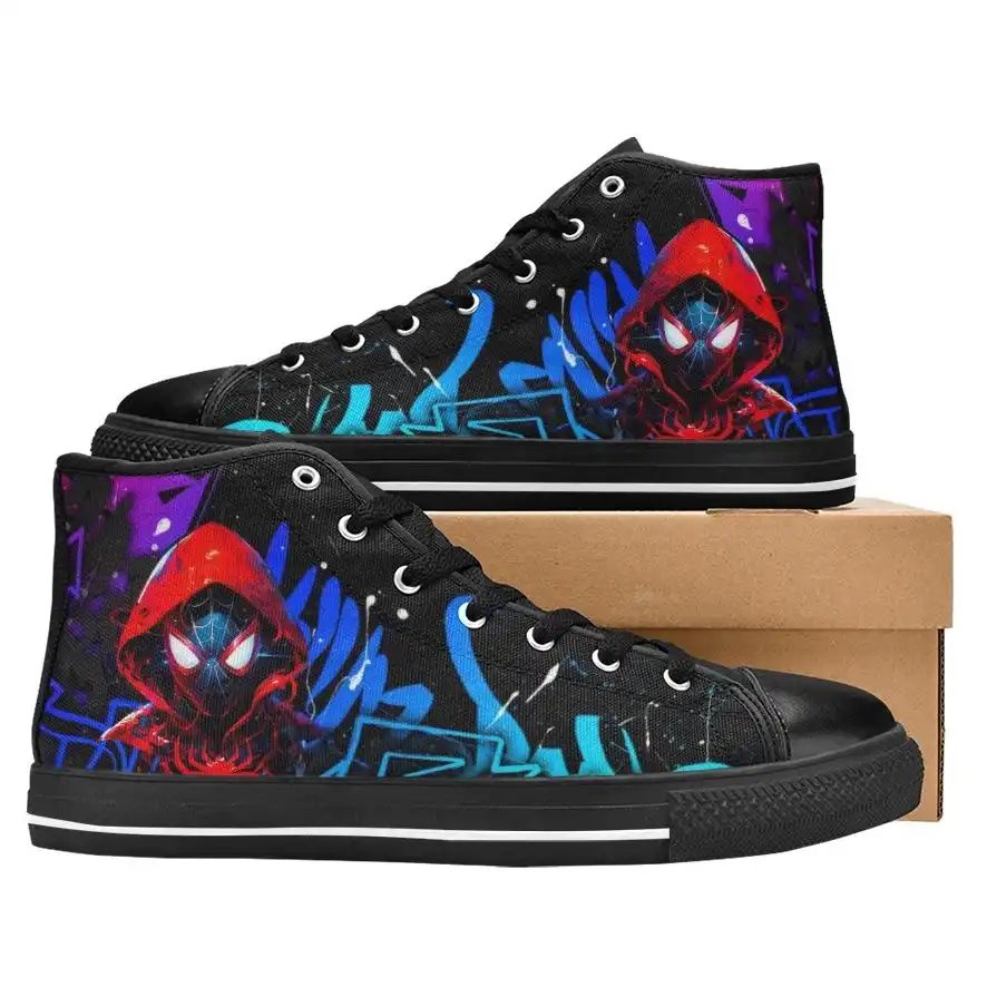 Miles Morales Spider Verse Movie Inspired High-Top Shoes Kids/Youth – Black Spiderman Sneakers Cool Kiddo 10