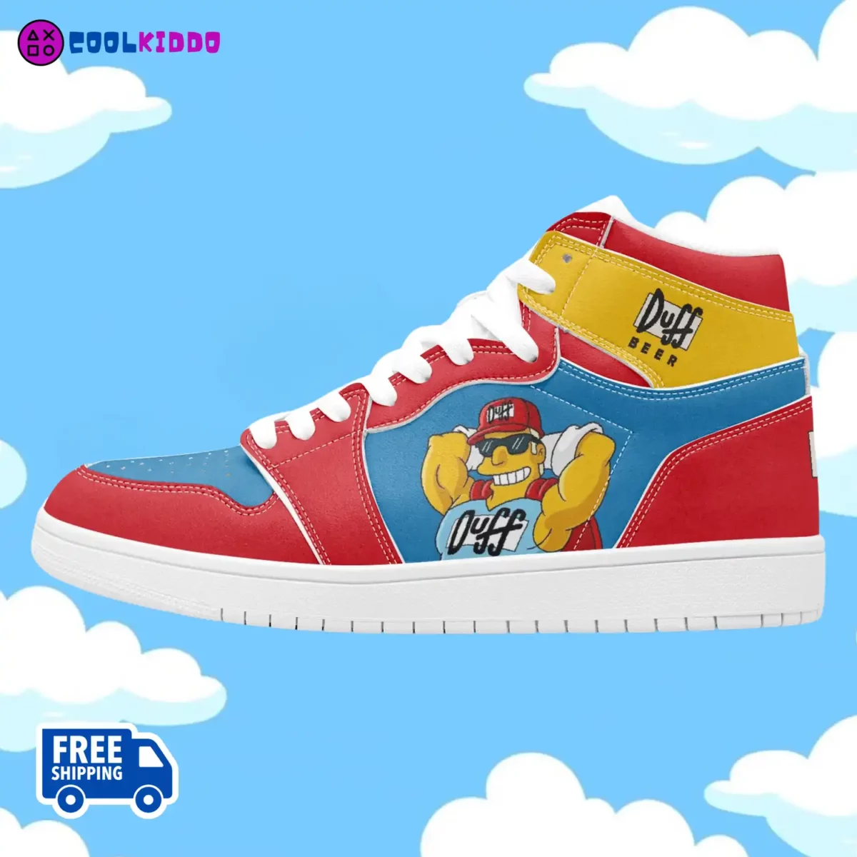 Custom Duff Man Character. High-Top Leather Duff Beer Sneakers. Rare Simpsons Shoes Cool Kiddo 10