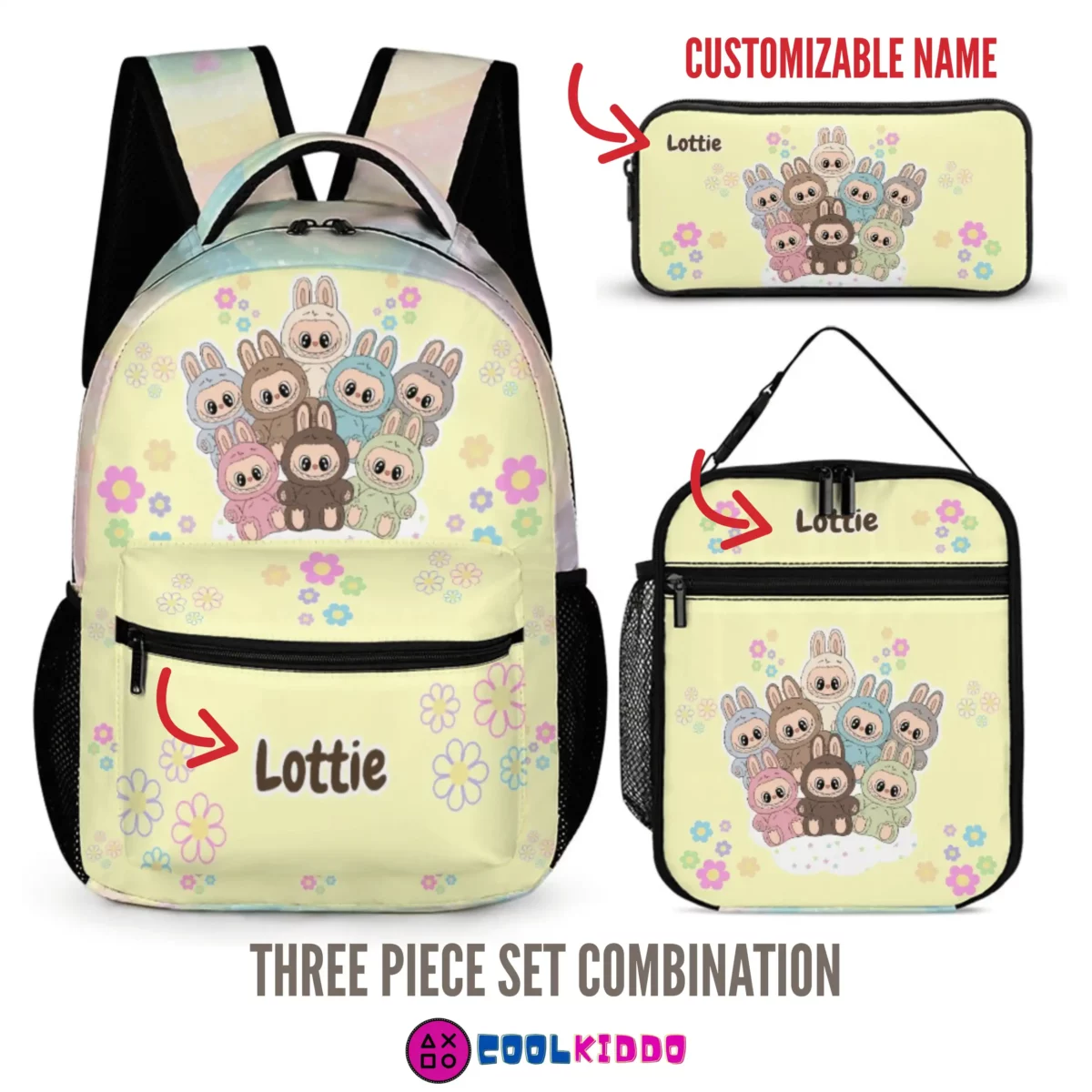 LABUBU "The Monsters" Collectible 3-Piece Set - Personalized Backpack, Lunch Bag & Pencil Case