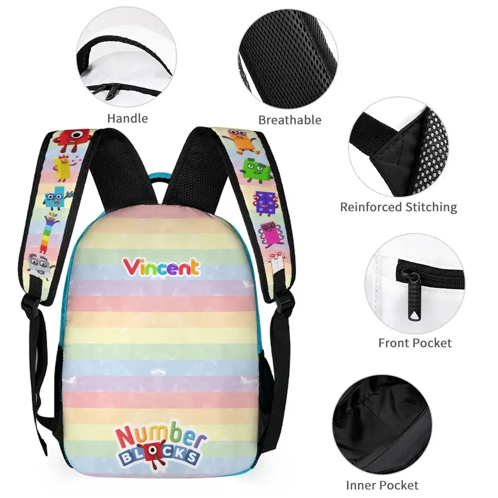 Number Blocks 3-Piece School Set – Backpack, Lunch Bag & Pencil Case (Blue)