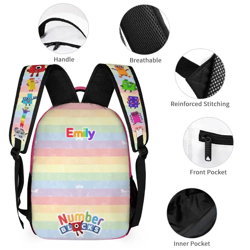 Number Blocks 3-Piece School Set – Backpack, Lunch Bag & Pencil Case (Pink)