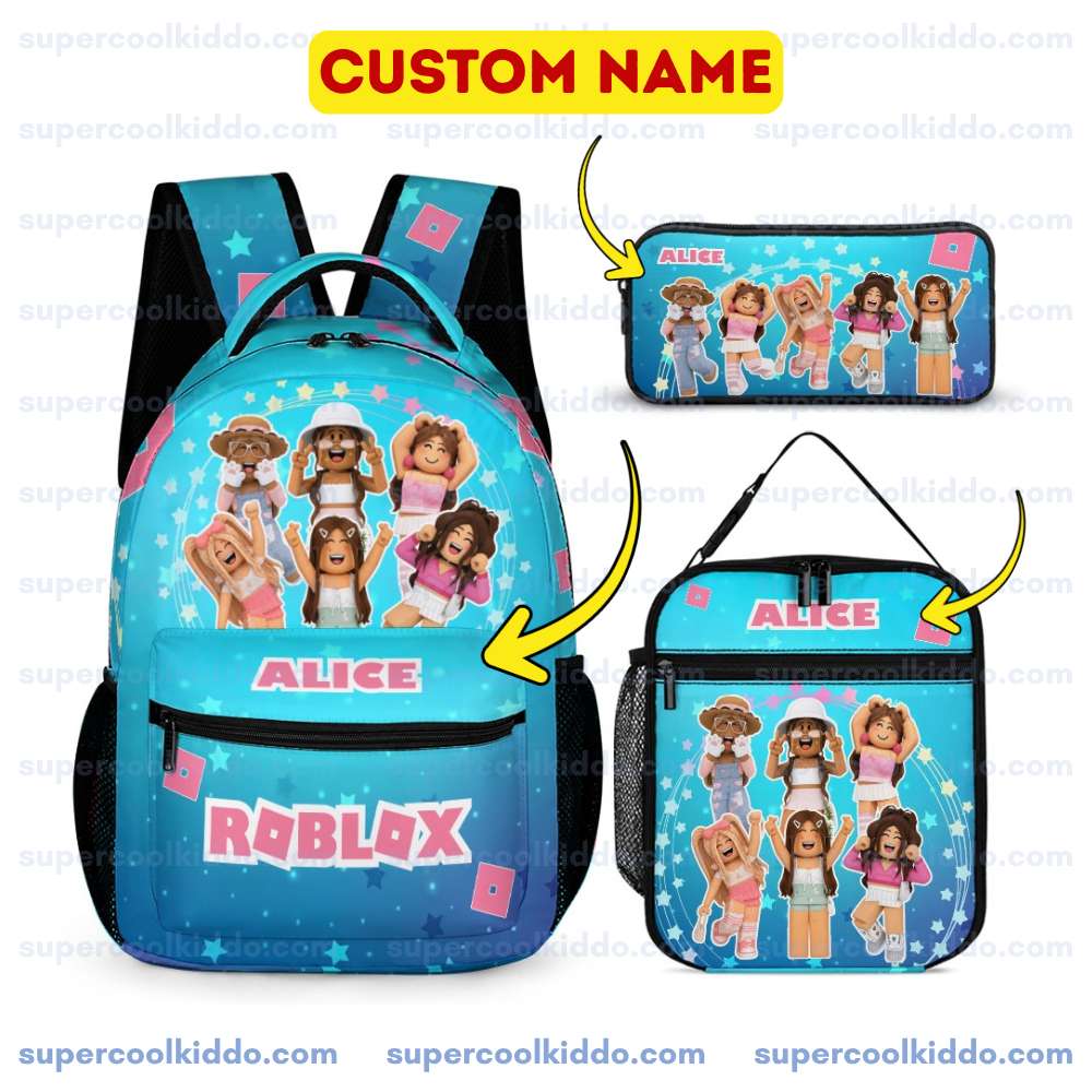 Personalized Roblox Star Girl 3-Piece Backpack Set – Custom Name School Bag, Lunch Box & Pencil Case