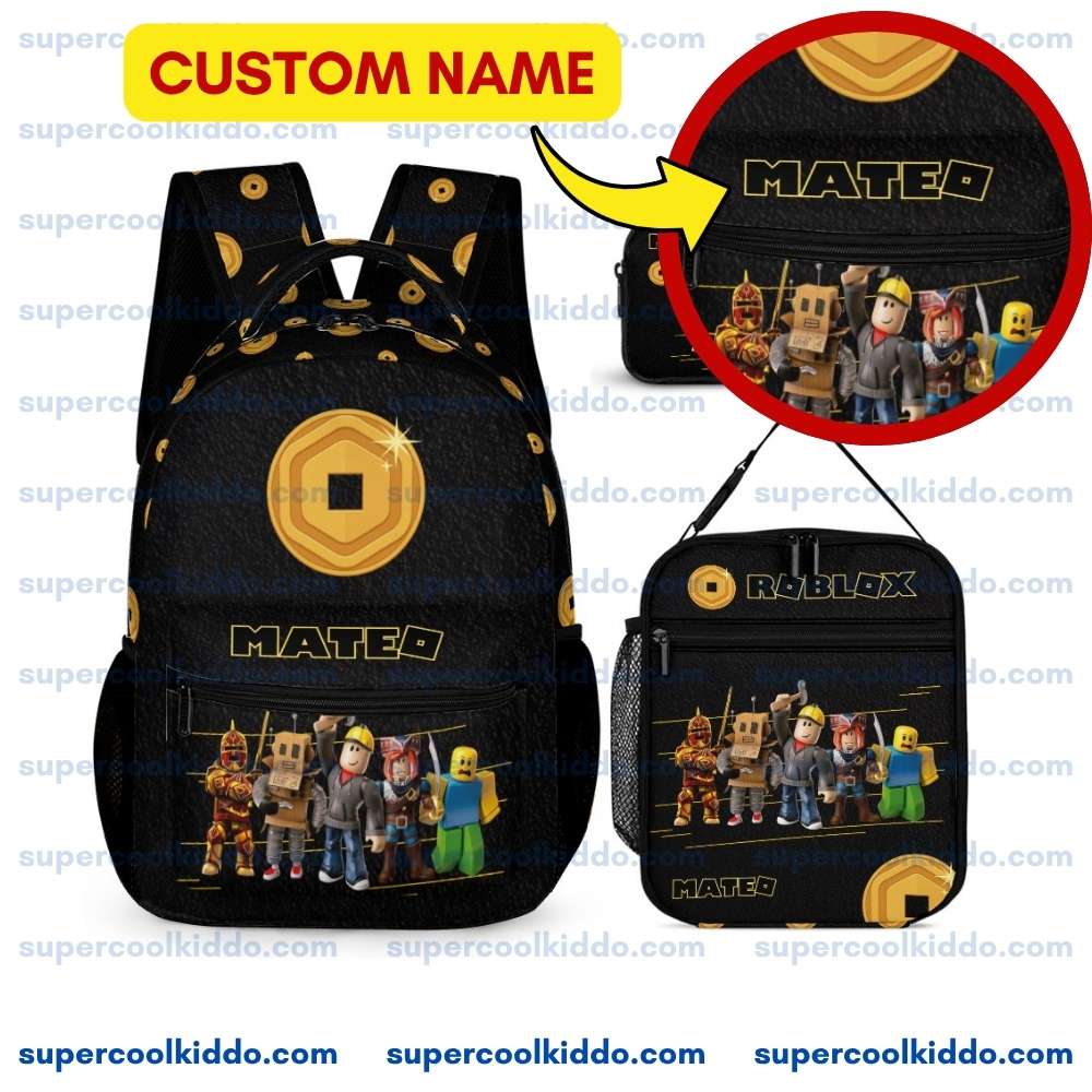 Custom Roblox 3-Piece Backpack Set – Personalized Kids School Bag, Lunch Box & Pencil Case