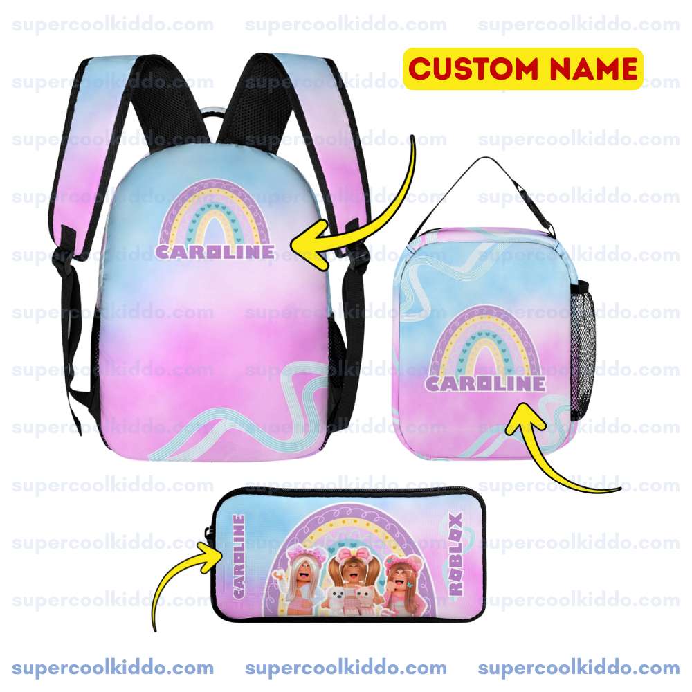 Personalized Roblox Pastel Rainbow 3-Piece Backpack Set – Custom Name School Bag, Lunch Box & Pencil Case