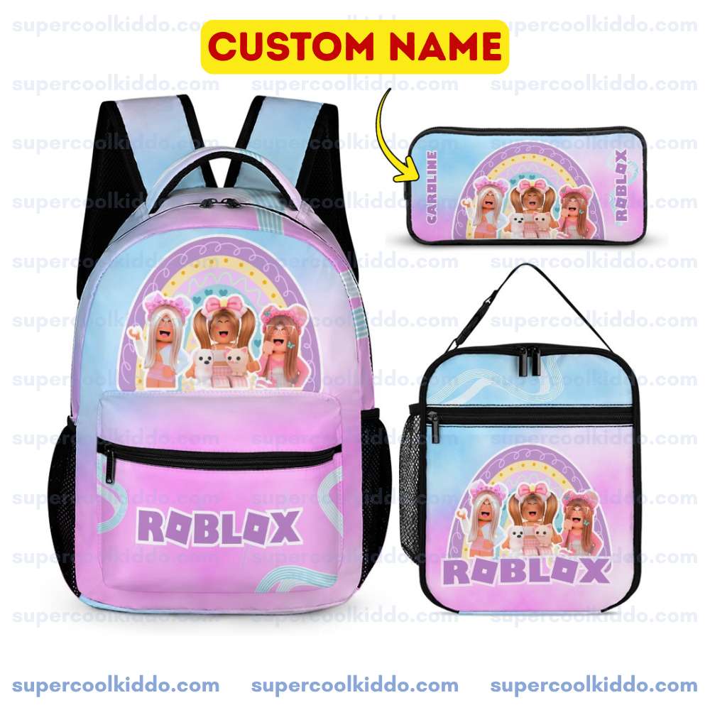 Personalized Roblox Pastel Rainbow 3-Piece Backpack Set – Custom Name School Bag, Lunch Box & Pencil Case