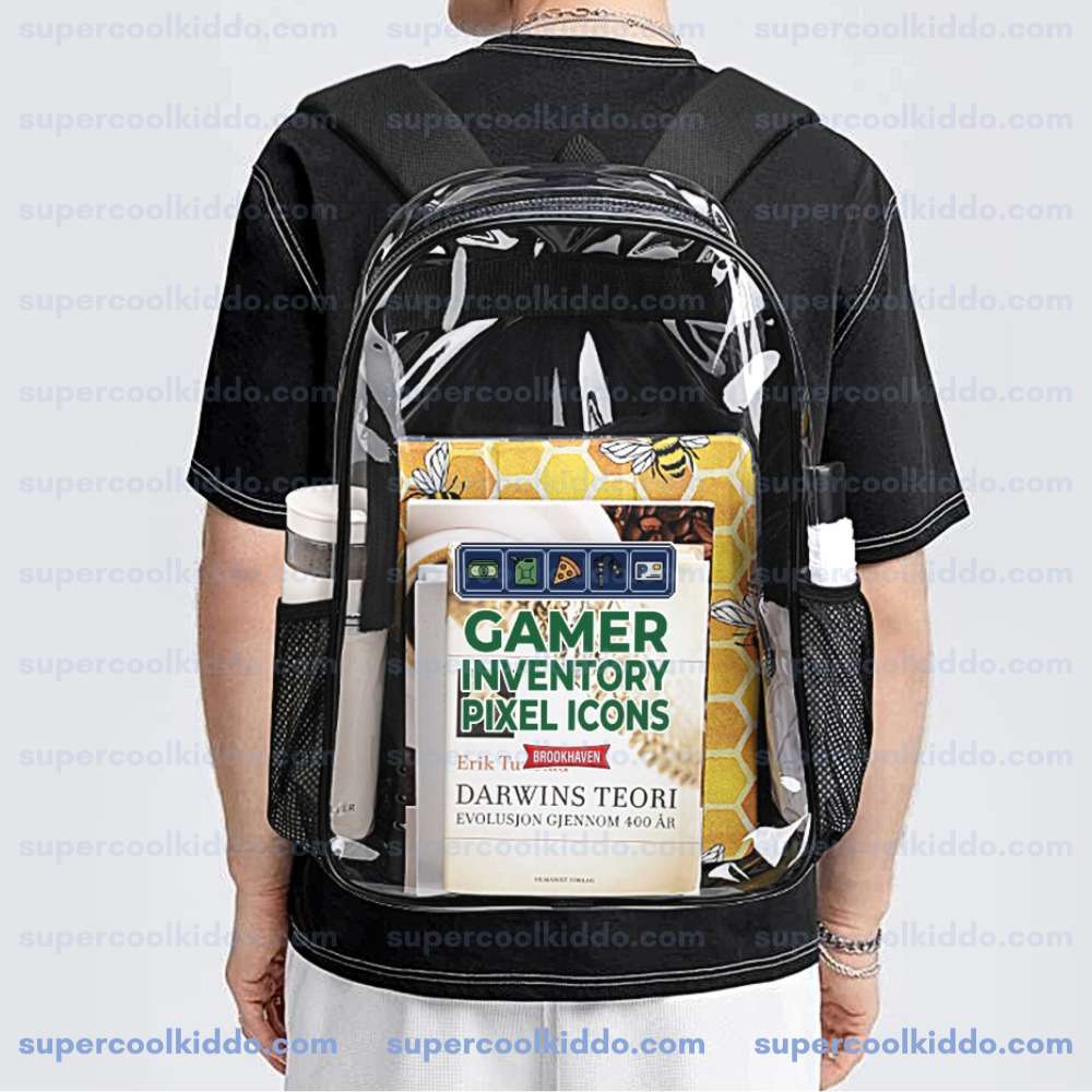 Brookhaven Roblox Transparent Backpack, Waterproof Clear Vinyl School Bag with Gamer Inventory Hotbar, Heavy Duty Kids RP Gaming Daypack