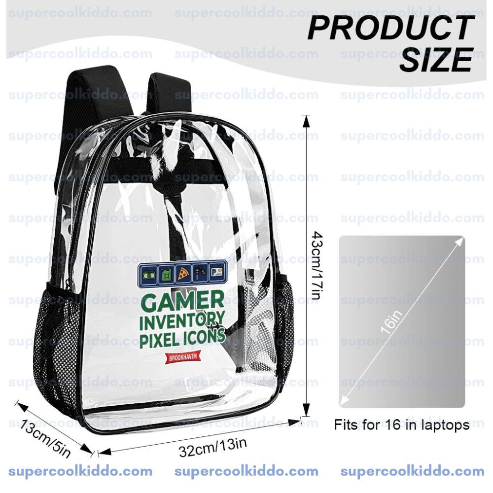 Brookhaven Roblox Transparent Backpack, Waterproof Clear Vinyl School Bag with Gamer Inventory Hotbar, Heavy Duty Kids RP Gaming Daypack