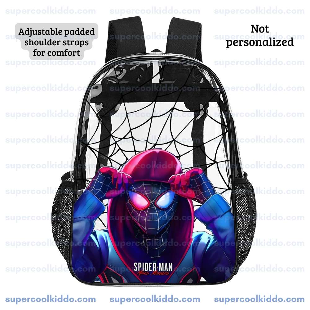 Custom Name Spiderman Miles Morales Transparent Backpack. Waterproof Clear Vinyl School Bag, Heavy Duty Personalized Kids Daypack