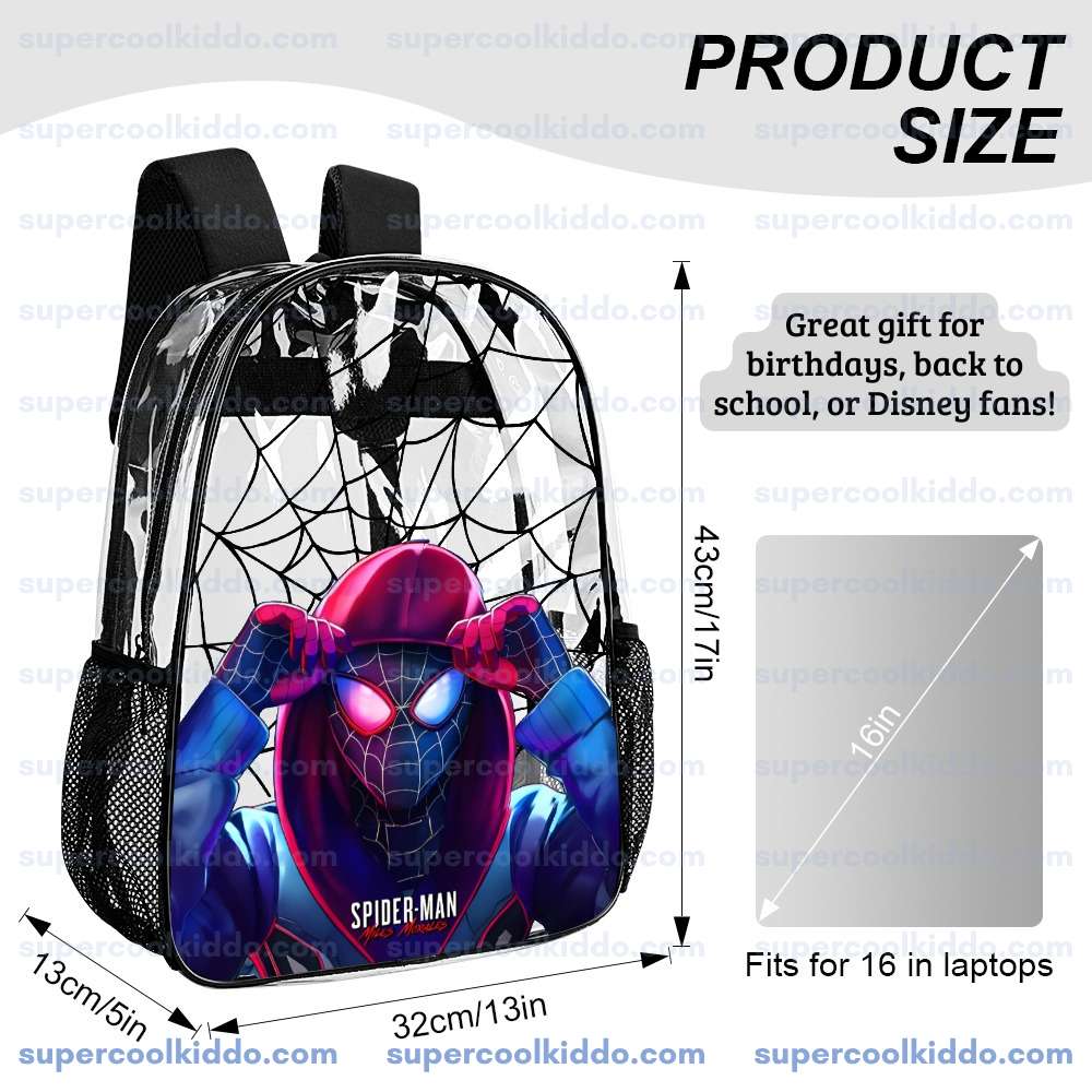 Custom Name Spiderman Miles Morales Transparent Backpack. Waterproof Clear Vinyl School Bag, Heavy Duty Personalized Kids Daypack