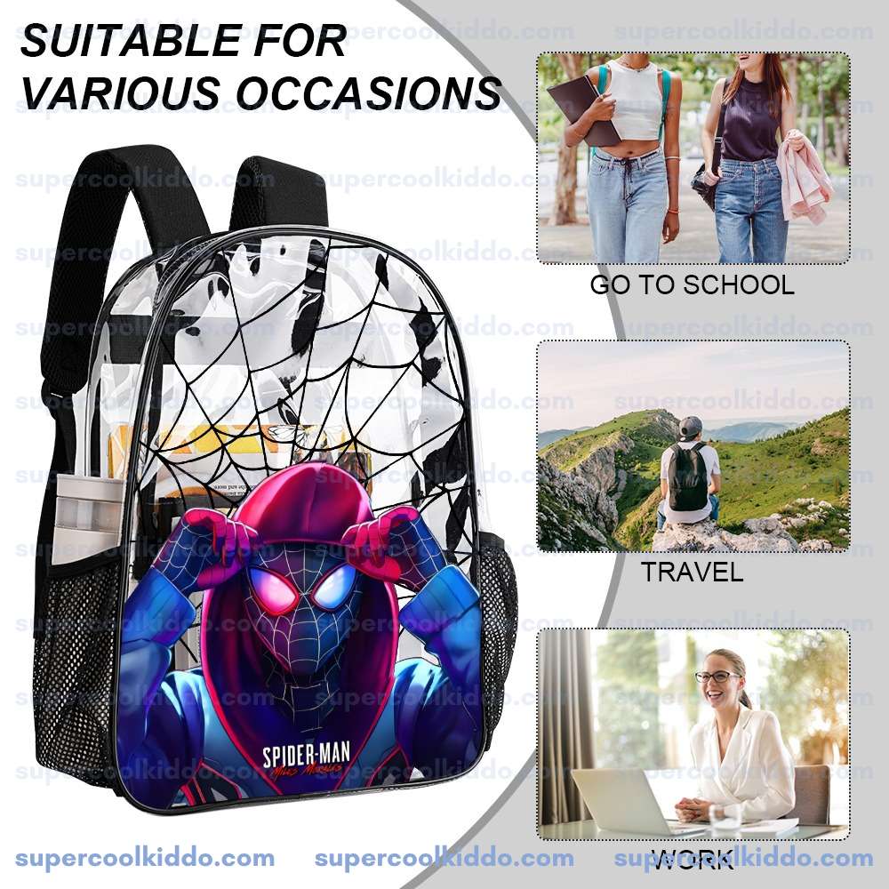 Custom Name Spiderman Miles Morales Transparent Backpack. Waterproof Clear Vinyl School Bag, Heavy Duty Personalized Kids Daypack