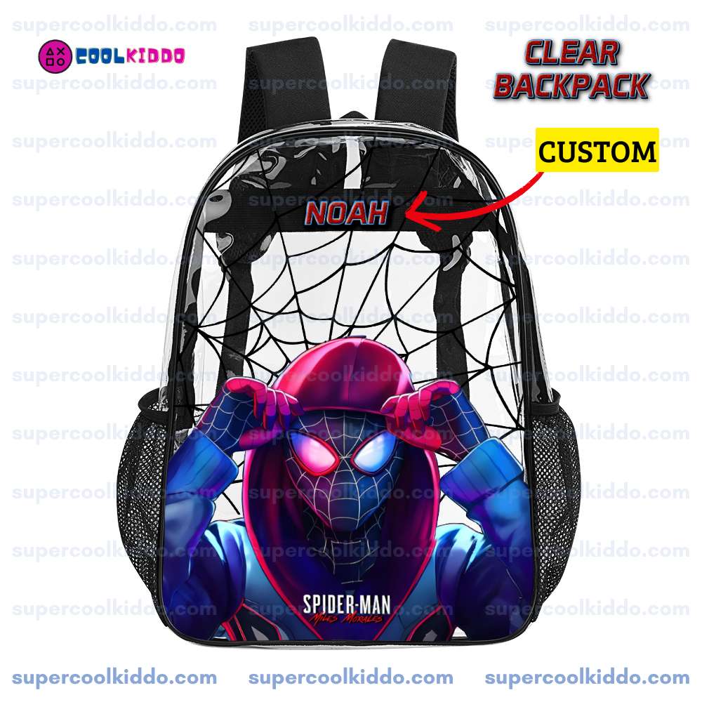 Custom Name Spiderman Miles Morales Transparent Backpack. Waterproof Clear Vinyl School Bag, Heavy Duty Personalized Kids Daypack
