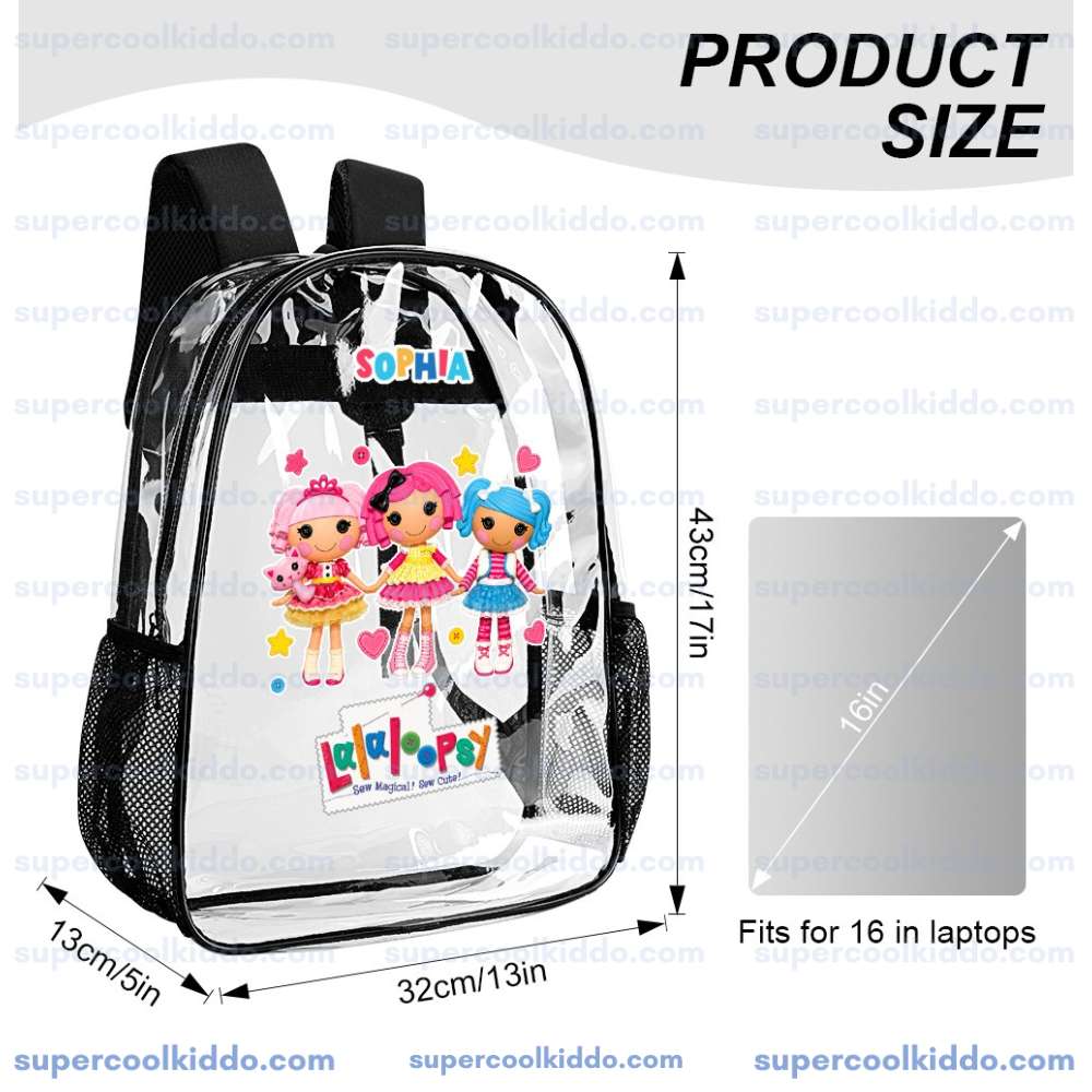 Custom Name Lalaloopsy Transparent Backpack, Waterproof Clear Vinyl School Bag with Cute Rag Dolls, Heavy Duty Kids Cute Daypack