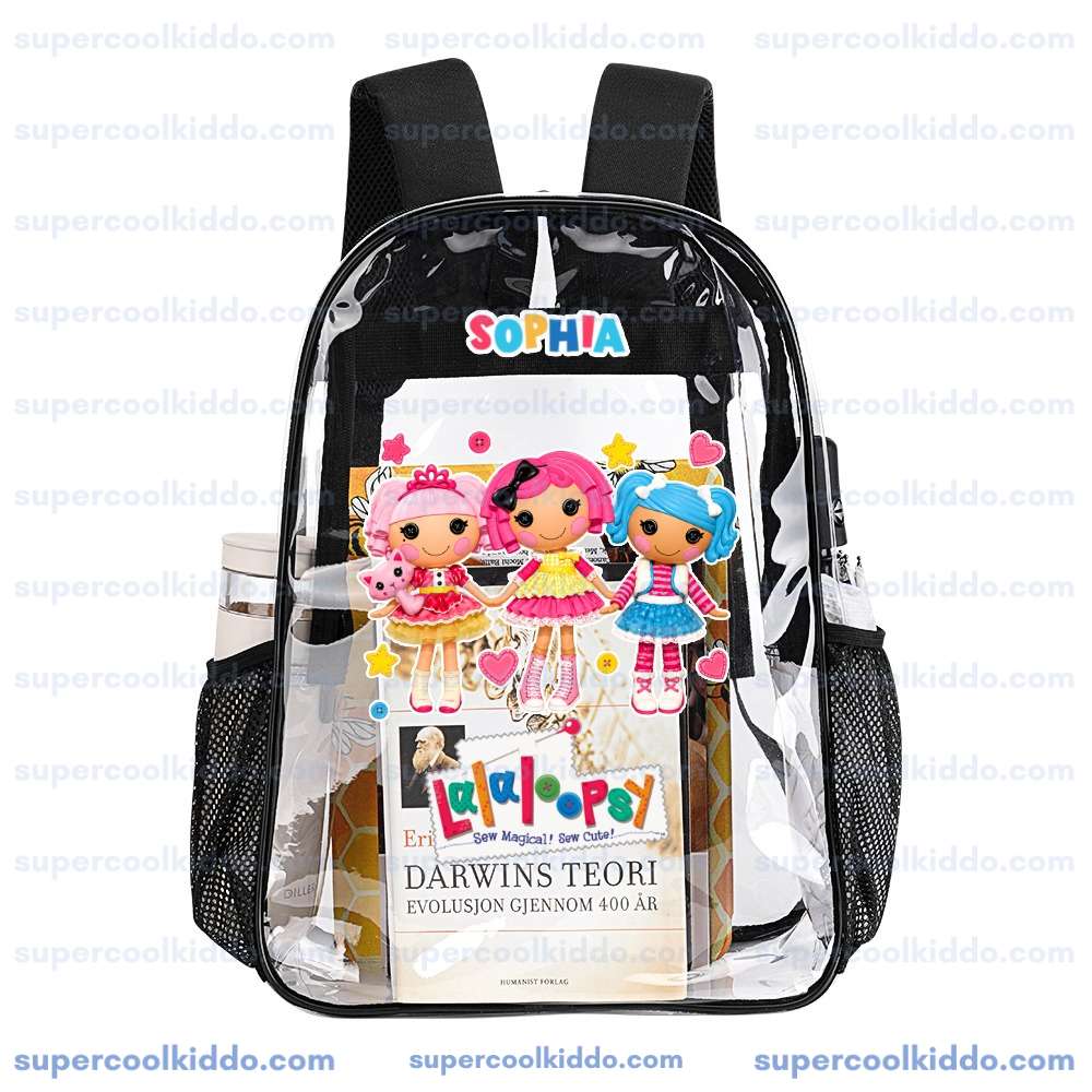 Custom Name Lalaloopsy Transparent Backpack, Waterproof Clear Vinyl School Bag with Cute Rag Dolls, Heavy Duty Kids Cute Daypack