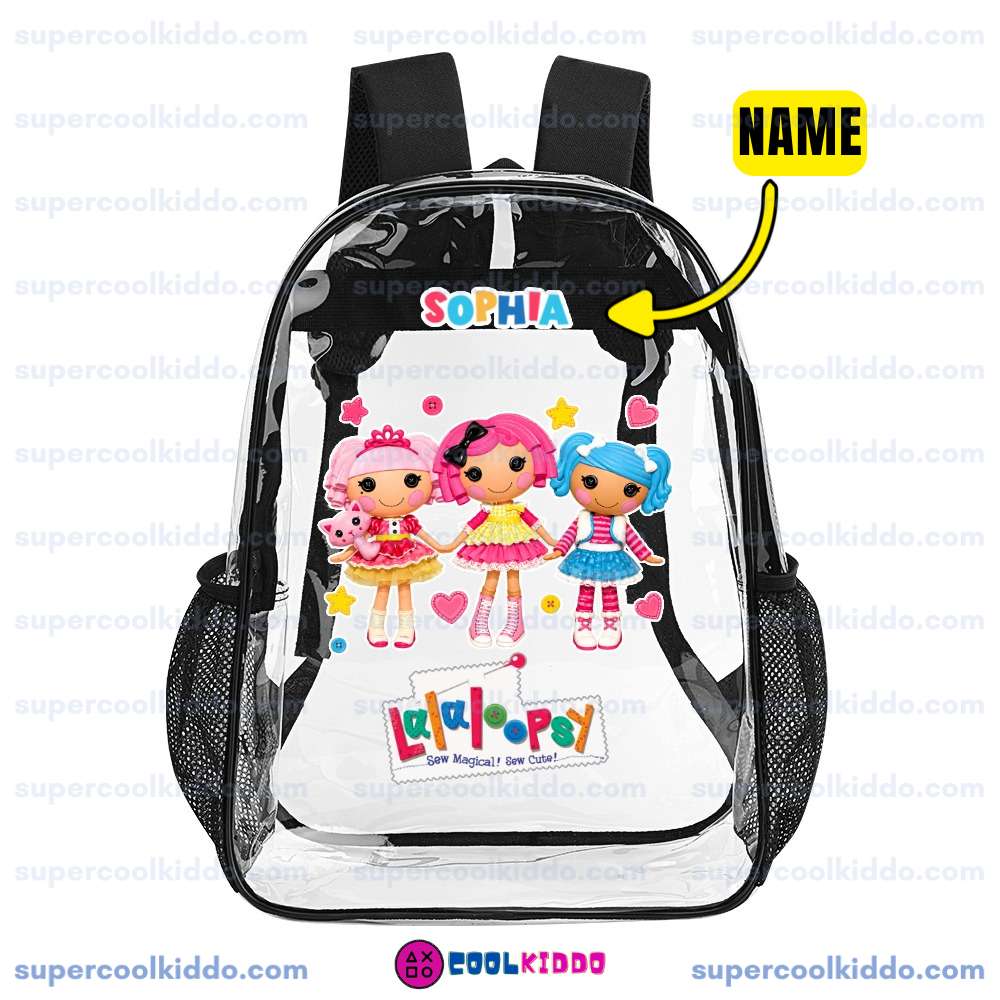 Custom Name Lalaloopsy Transparent Backpack, Waterproof Clear Vinyl School Bag with Cute Rag Dolls, Heavy Duty Kids Cute Daypack