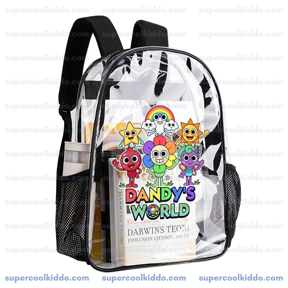 Personalized Dandys World Clear Backpack, Custom Name Roblox Toons Characters Transparent School Bag, Durable PVC Heavy Duty Bookbag for Kids