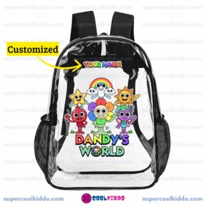 Personalized Dandys World Clear Backpack, Custom Name Roblox Toons Characters Transparent School Bag, Durable PVC Heavy Duty Bookbag for Kids Cool Kiddo Personalized Dandys World Clear Backpack, Custom Name Roblox Toons Characters Transparent School Bag, Durable PVC Heavy Duty Bookbag for Kids