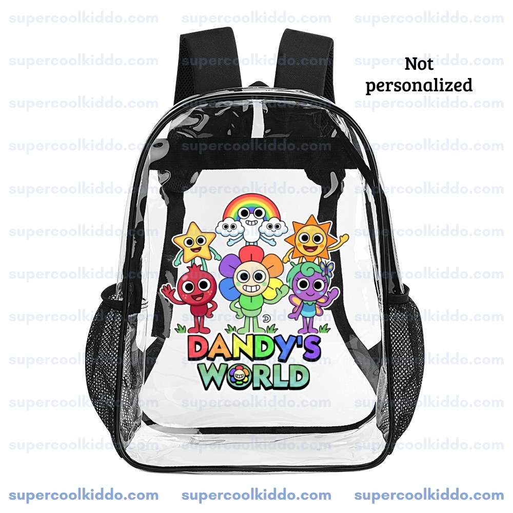 Personalized Dandys World Clear Backpack, Custom Name Roblox Toons Characters Transparent School Bag, Durable PVC Heavy Duty Bookbag for Kids