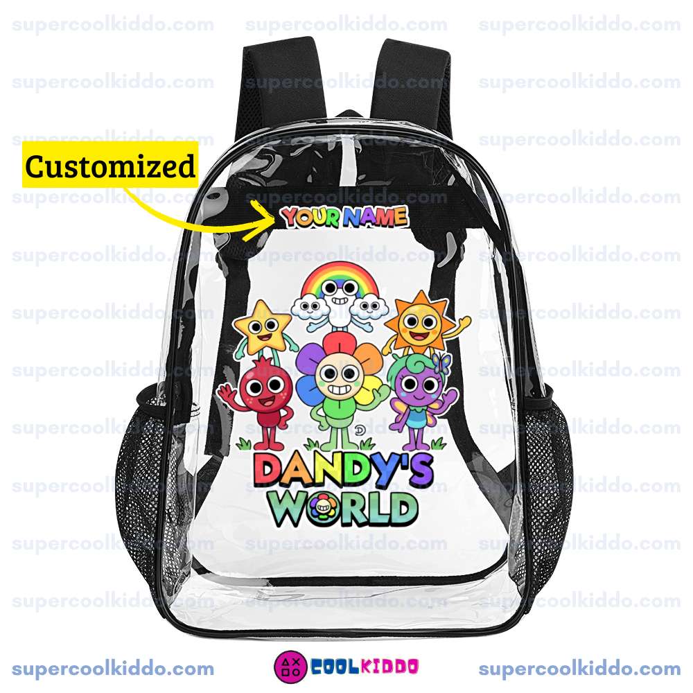 Personalized Dandys World Clear Backpack, Custom Name Roblox Toons Characters Transparent School Bag, Durable PVC Heavy Duty Bookbag for Kids