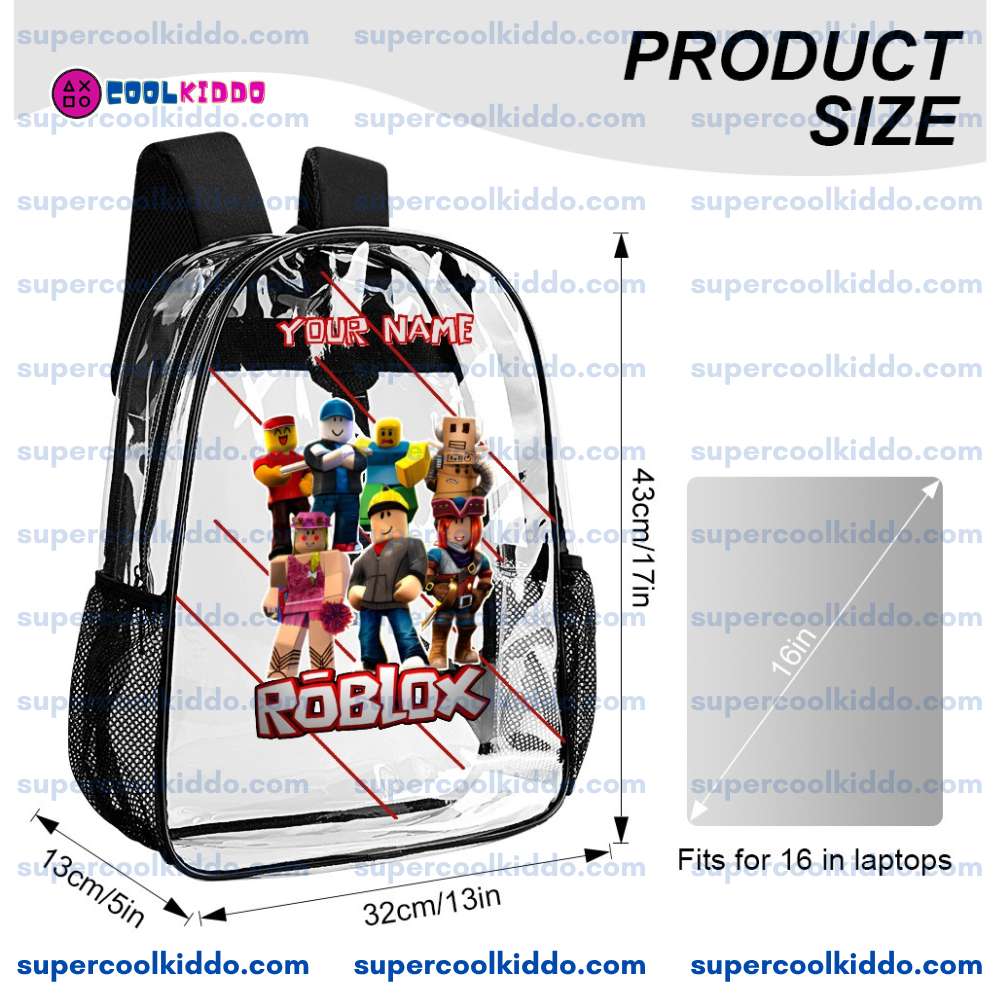 Custom Name Transparent Roblox Gaming Backpack, Waterproof Clear Vinyl School Bag with Roblox Toy Avatars, Heavy Duty Personalized Gamer Daypack
