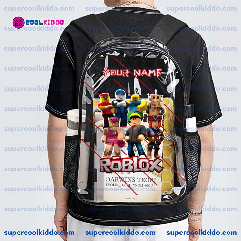 Custom Name Transparent Roblox Gaming Backpack, Waterproof Clear Vinyl School Bag with Roblox Toy Avatars, Heavy Duty Personalized Gamer Daypack