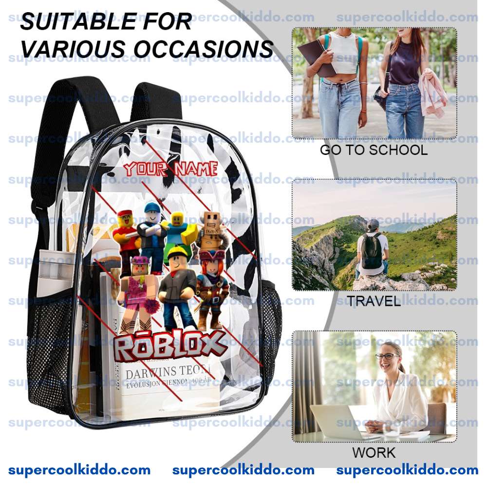 Custom Name Transparent Roblox Gaming Backpack, Waterproof Clear Vinyl School Bag with Roblox Toy Avatars, Heavy Duty Personalized Gamer Daypack