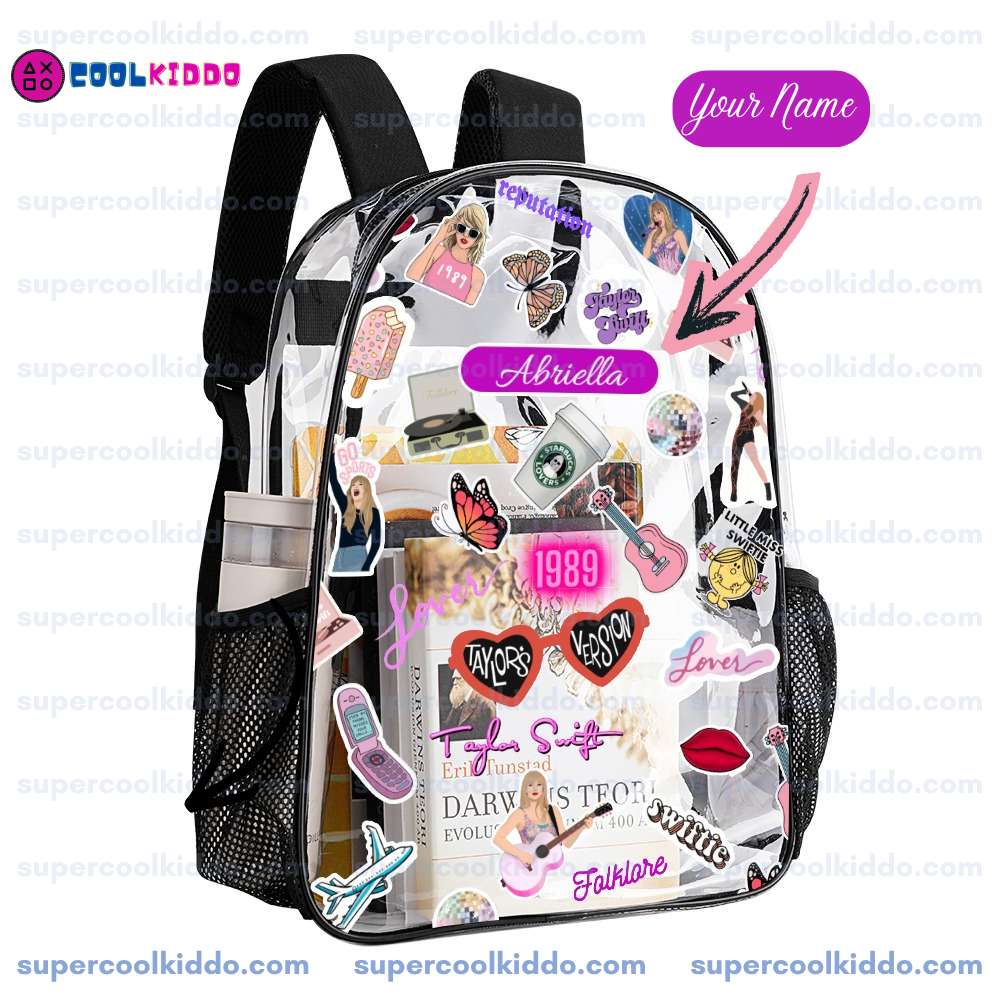 Custom Taylor Swift Clear Backpack, Personalized Swiftie Transparent School Bag, Eras Tour Concert Approved Vinyl Backpack, Fits 16 in Laptop.