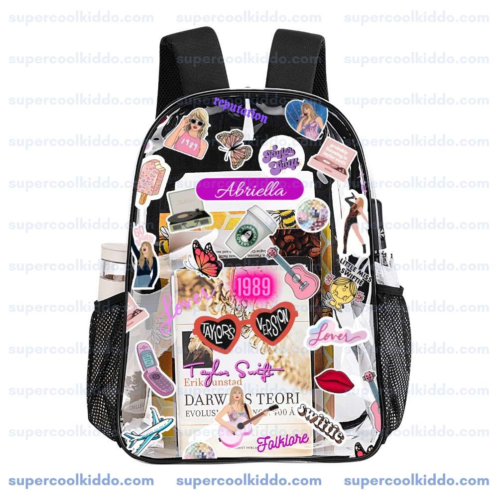 Custom Taylor Swift Clear Backpack, Personalized Swiftie Transparent School Bag, Eras Tour Concert Approved Vinyl Backpack, Fits 16 in Laptop.
