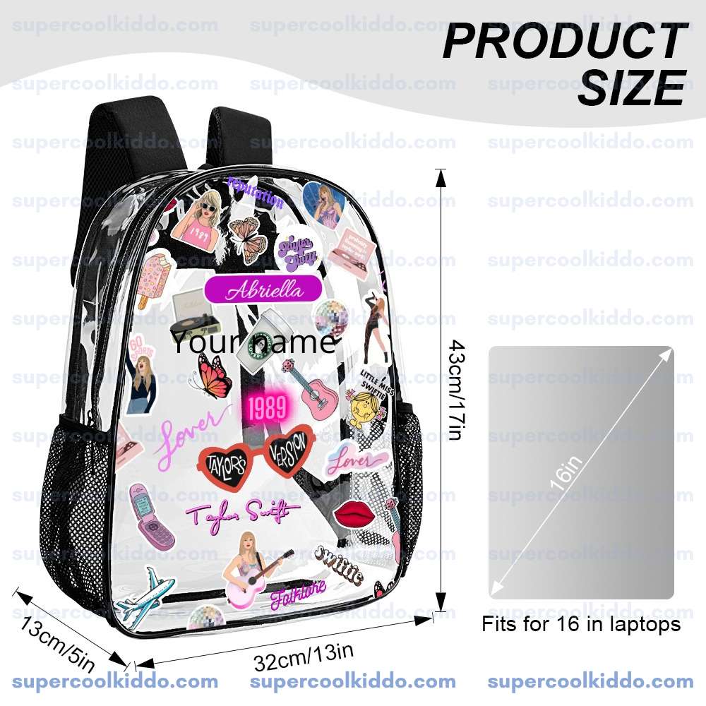 Custom Taylor Swift Clear Backpack, Personalized Swiftie Transparent School Bag, Eras Tour Concert Approved Vinyl Backpack, Fits 16 in Laptop.