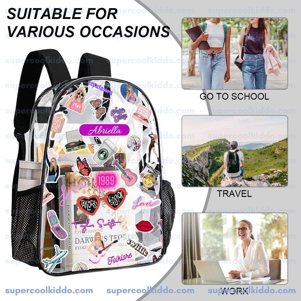 Custom Taylor Swift Clear Backpack, Personalized Swiftie Transparent School Bag, Eras Tour Concert Approved Vinyl Backpack, Fits 16 in Laptop.