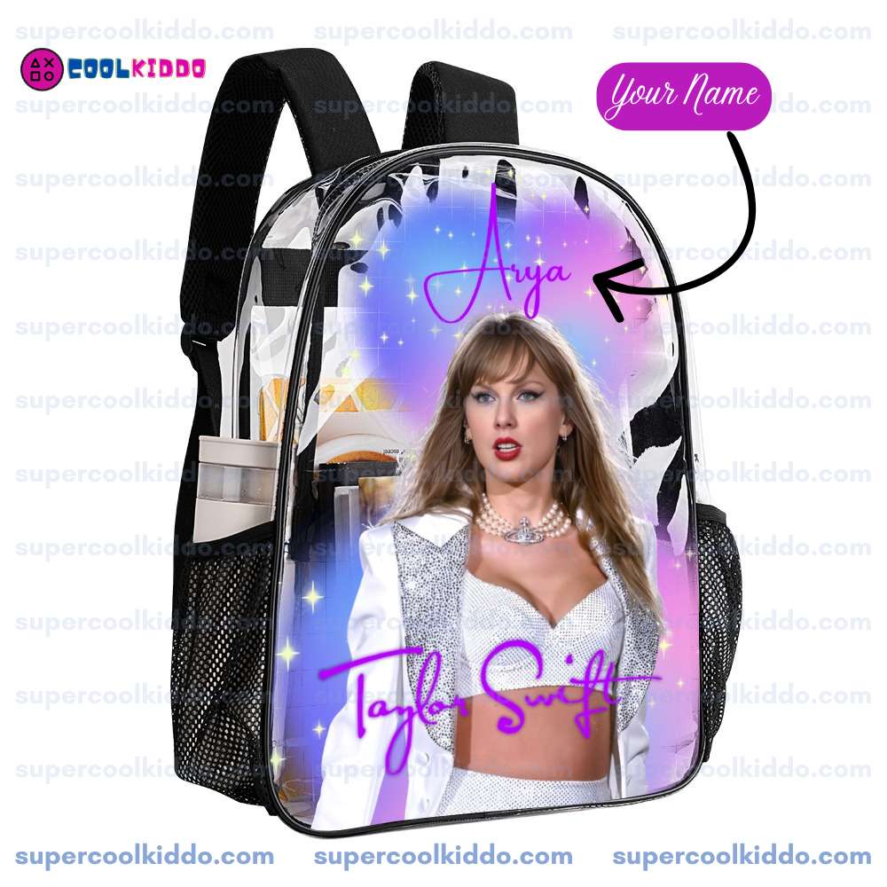 Custom Taylor Swift Clear Backpack. Personalized Name Transparent Bag for Swifties, Eras Tour Concert Approved Vinyl Backpack, Pastel Aurora Design