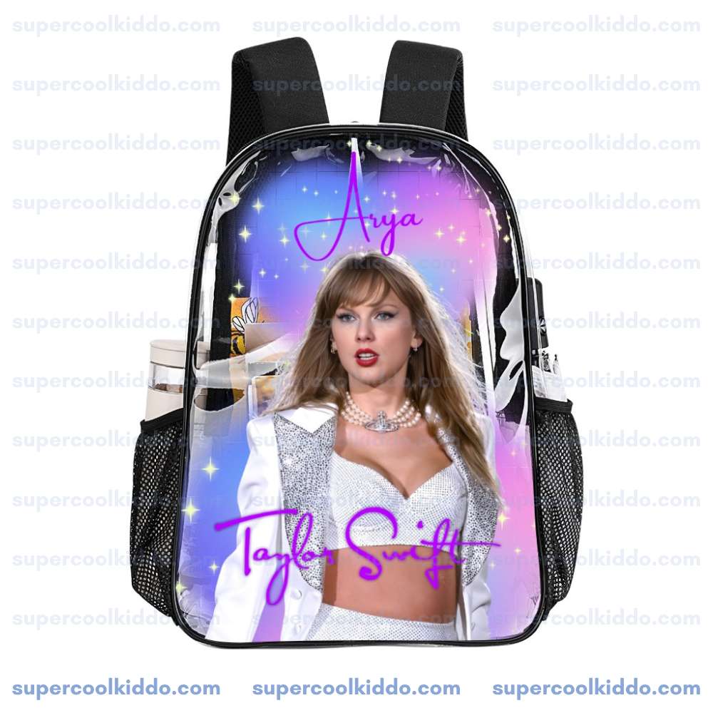 Custom Taylor Swift Clear Backpack. Personalized Name Transparent Bag for Swifties, Eras Tour Concert Approved Vinyl Backpack, Pastel Aurora Design