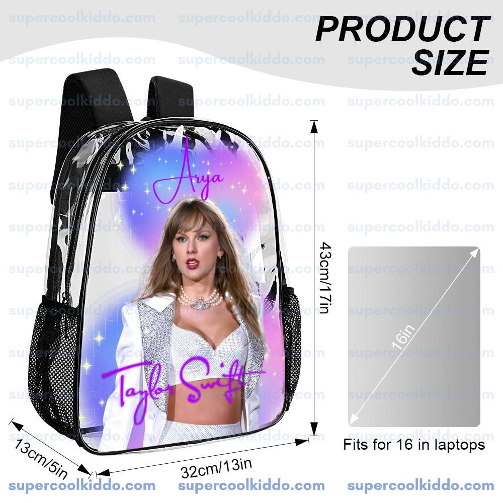 Custom Taylor Swift Clear Backpack. Personalized Name Transparent Bag for Swifties, Eras Tour Concert Approved Vinyl Backpack, Pastel Aurora Design