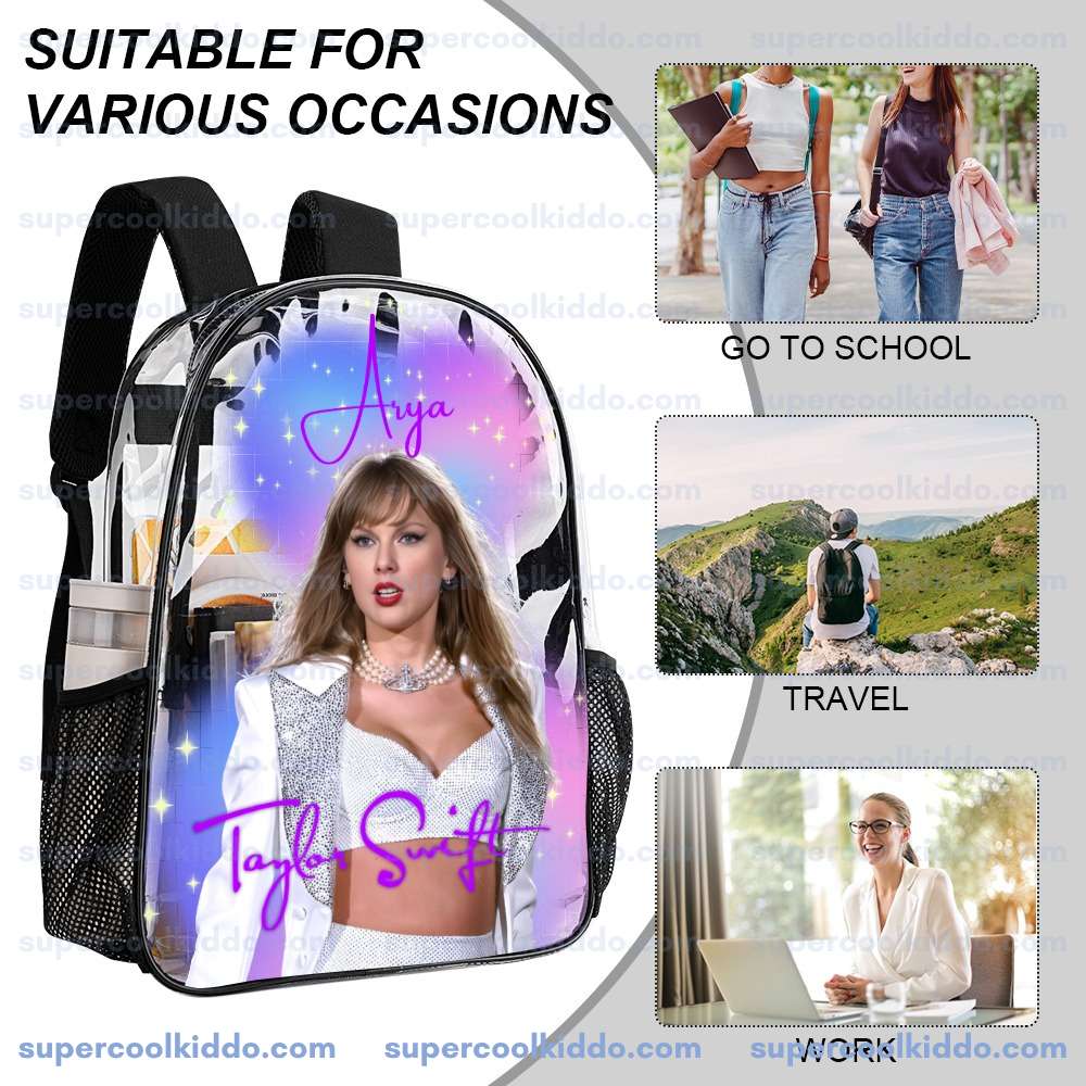 Custom Taylor Swift Clear Backpack. Personalized Name Transparent Bag for Swifties, Eras Tour Concert Approved Vinyl Backpack, Pastel Aurora Design