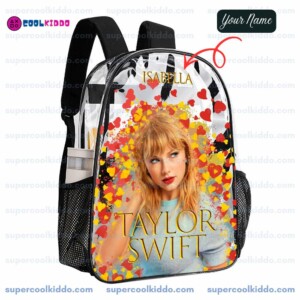 Custom Taylor Swift Clear Backpack. Personalized Name Transparent Bag for Swifties, Lover Eras Tour Concert Approved Vinyl Backpack, Gold Lettering & Hearts Design Cool Kiddo Custom Taylor Swift Clear Backpack. Personalized Name Transparent Bag for Swifties, Lover Eras Tour Concert Approved Vinyl Backpack, Gold Lettering & Hearts Design