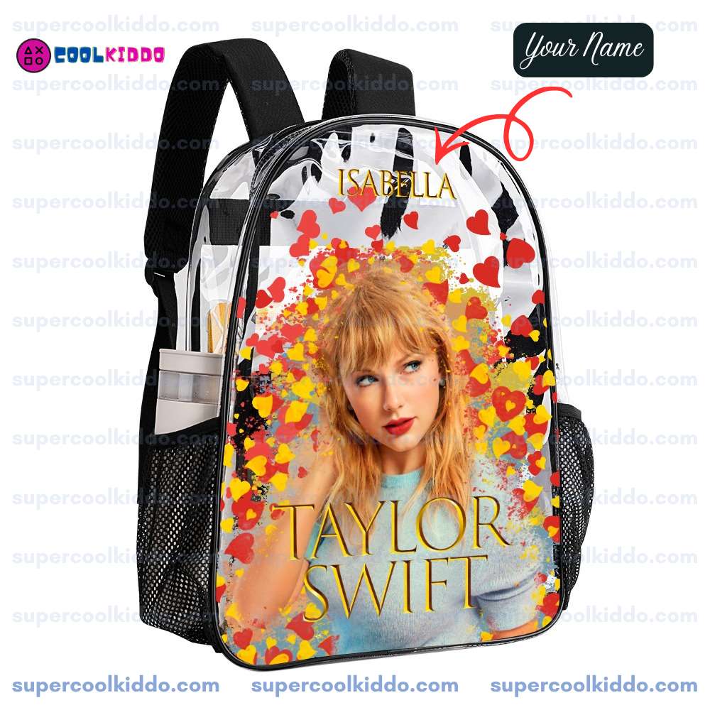 Custom Taylor Swift Clear Backpack. Personalized Name Transparent Bag for Swifties, Lover Eras Tour Concert Approved Vinyl Backpack, Gold Lettering & Hearts Design