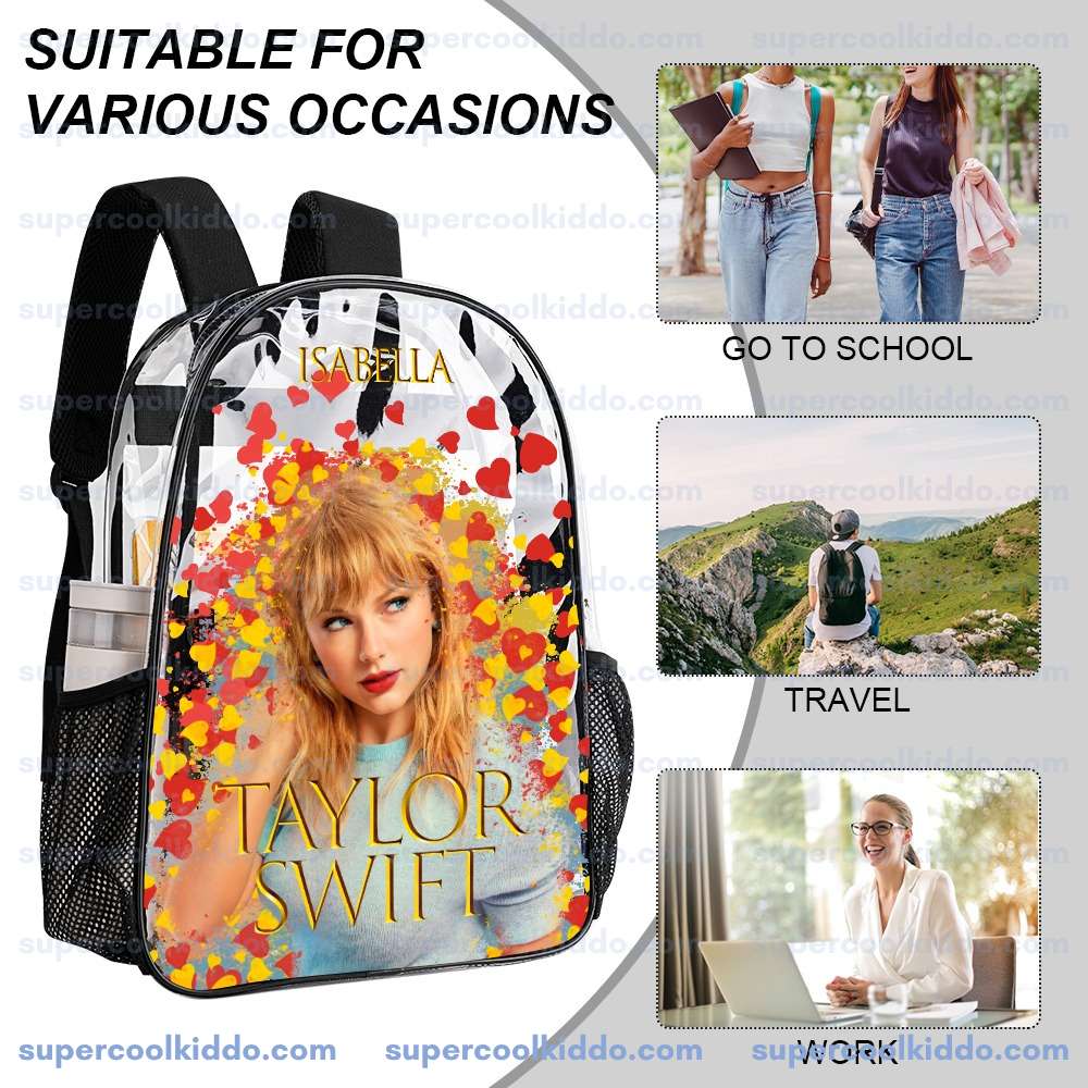 Custom Taylor Swift Clear Backpack. Personalized Name Transparent Bag for Swifties, Lover Eras Tour Concert Approved Vinyl Backpack, Gold Lettering & Hearts Design