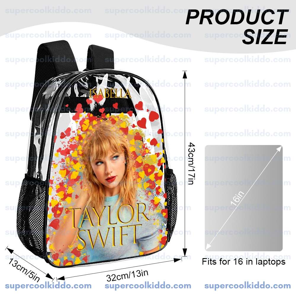 Custom Taylor Swift Clear Backpack. Personalized Name Transparent Bag for Swifties, Lover Eras Tour Concert Approved Vinyl Backpack, Gold Lettering & Hearts Design
